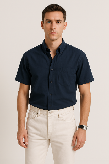 Men’s Button-Down Shirt – Lightweight Cotton – Relaxed Fit – Short Sleeve Casual Wear