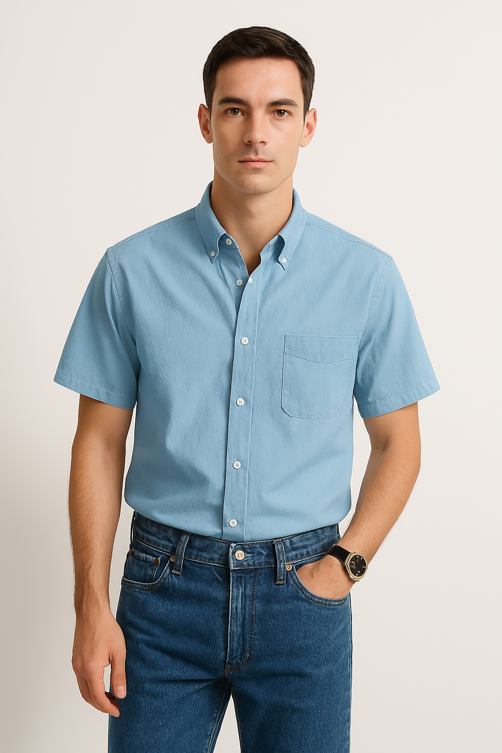 Men’s Button-Down Shirt – Lightweight Cotton – Relaxed Fit – Short Sleeve Casual Wear