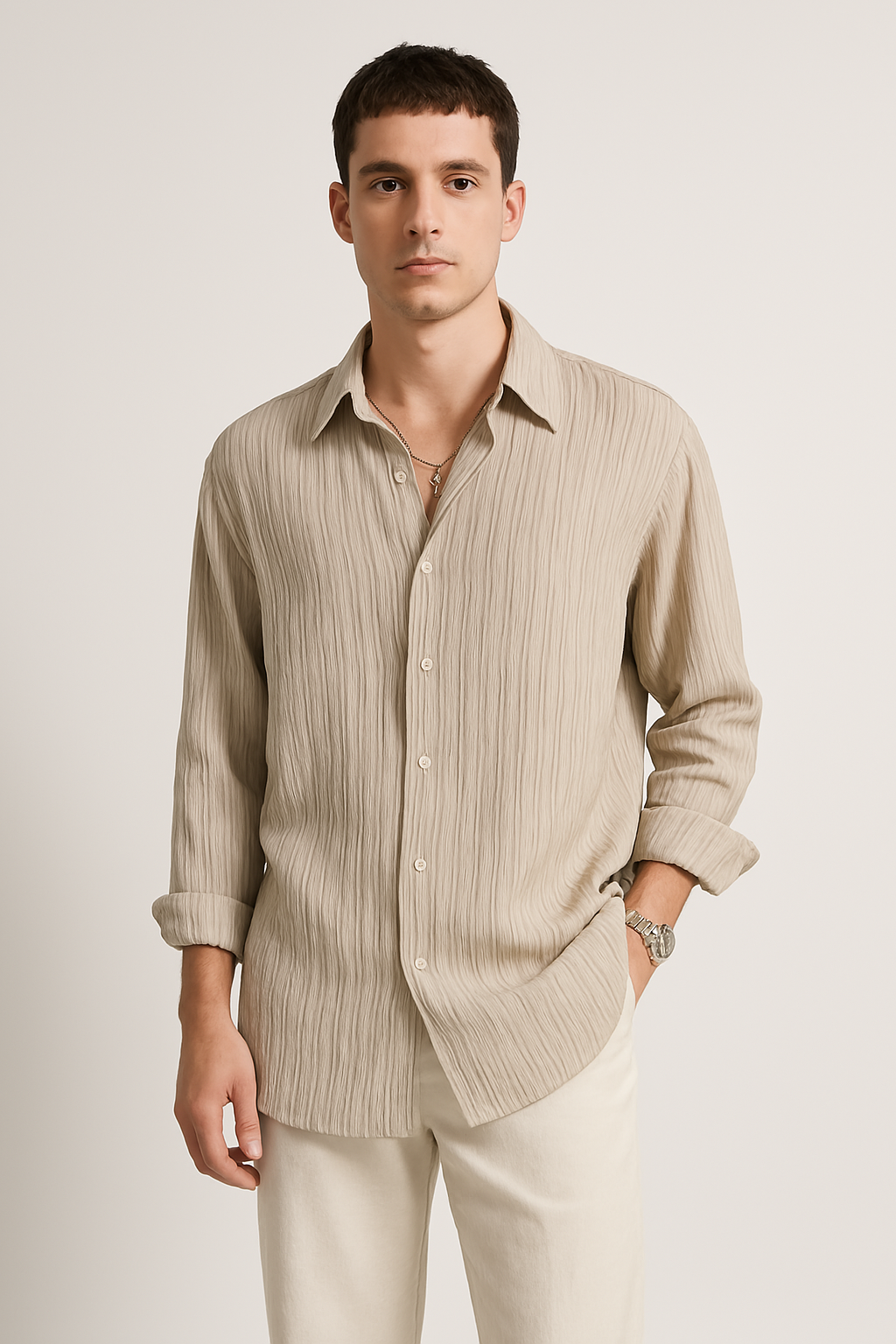 Unisex Long Sleeve Shirt – Crinkle Fabric – Oversized Fit – Button Down Casual Style