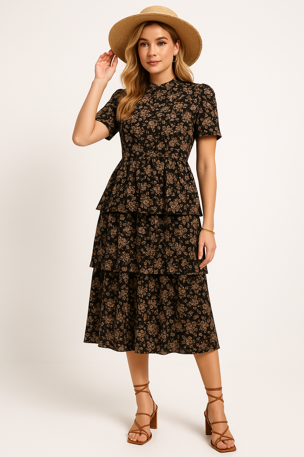 Women’s Midi Dress – Floral Print – Puff Sleeve – Tiered Skirt – Defined Waist