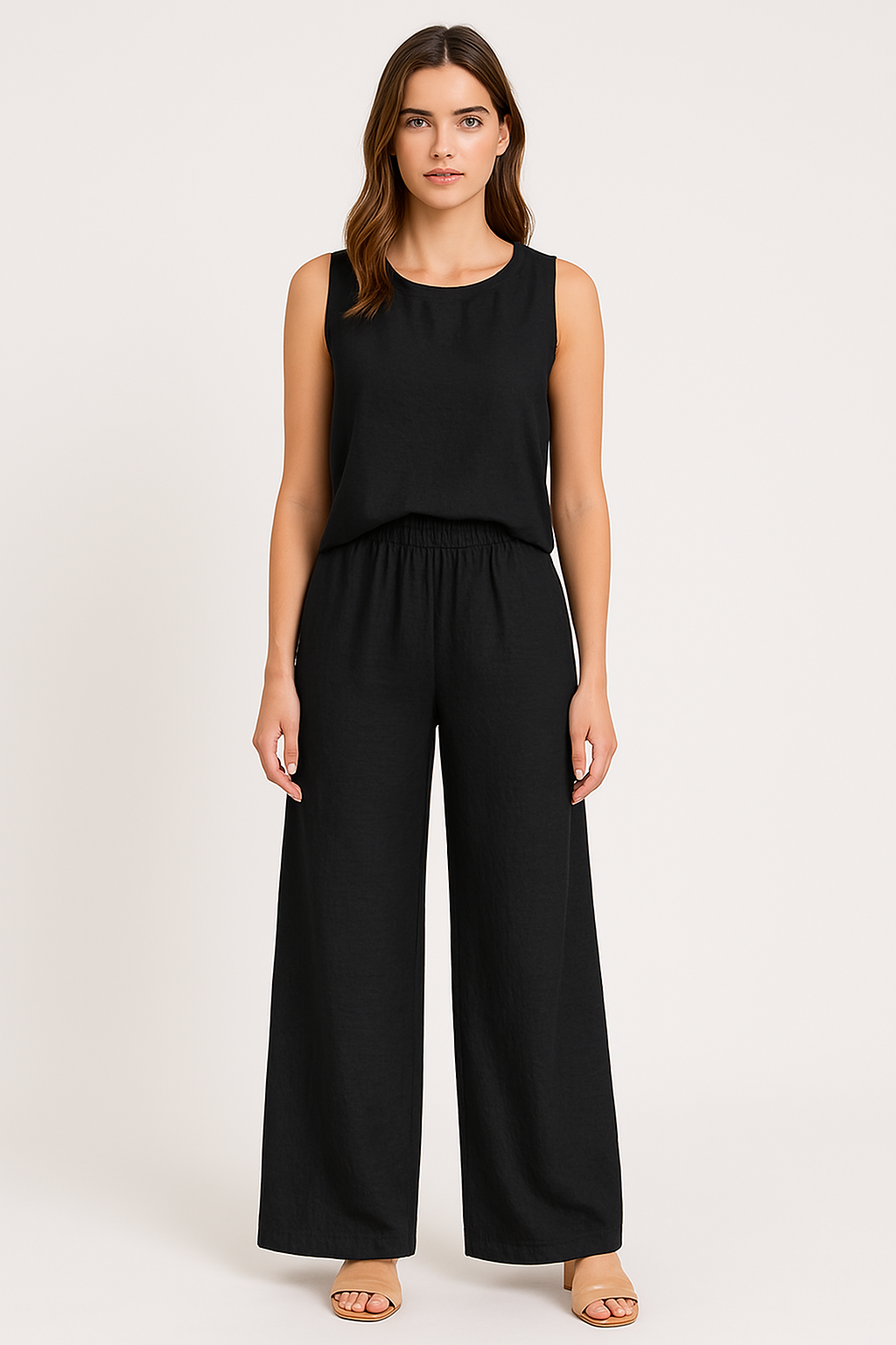 Women’s Wide-Leg Pants – High Waist – Pleated Front – Elastic Waist – Full Length