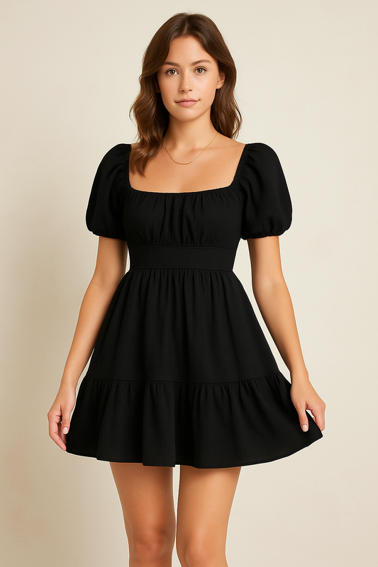 Women’s Mini Dress – Cotton Blend – Fitted Waist – Puff Sleeve – Tiered A-Line Skirt