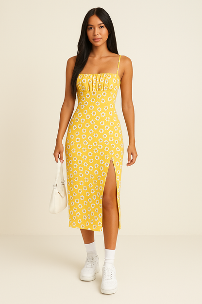 Women’s Midi Dress – Slim Fit – Spaghetti Straps – Side Slit – Floral Print – Cotton Blend