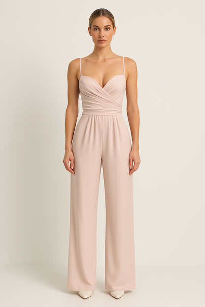Women’s Jumpsuit – Satin Finish – Sweetheart Neckline – Ruched Bodice – Wide Leg