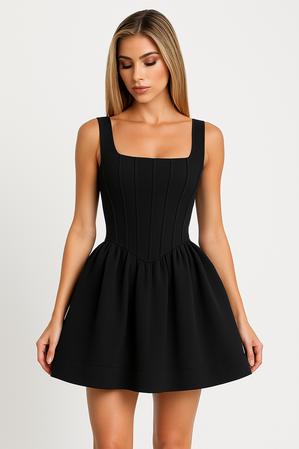 Women’s Mini Dress – Satin – Slim Fit – Sleeveless – Square Neck – Structured Bodice