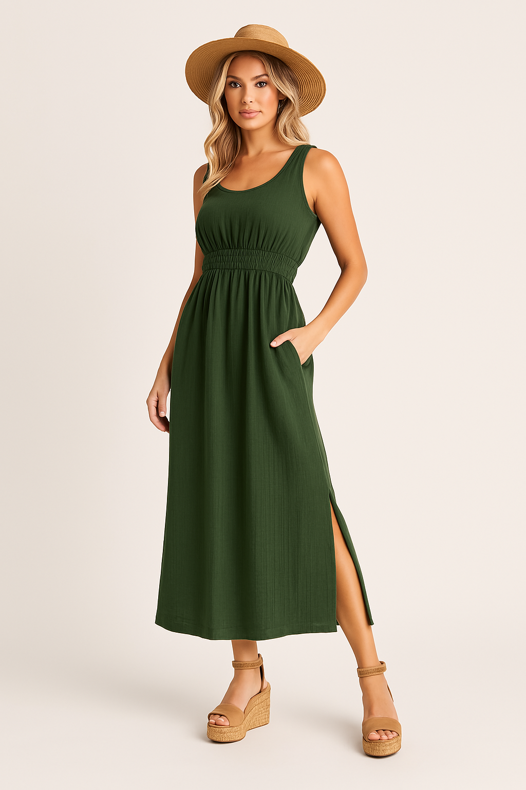 Women’s A-Line Dress – Sleeveless – Midi Length – Elastic Waist – Side Slit – Relaxed Fit