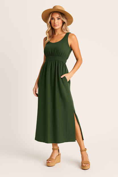 Women’s A-Line Dress – Sleeveless – Midi Length – Elastic Waist – Side Slit – Relaxed Fit