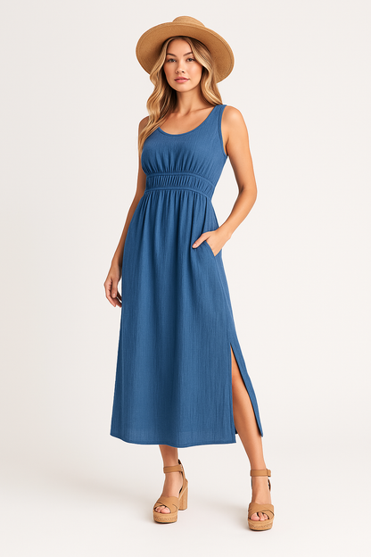 Women’s A-Line Dress – Sleeveless – Midi Length – Elastic Waist – Side Slit – Relaxed Fit