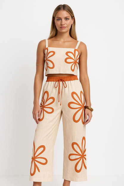 Women’s Pants Set – Wide-Leg Relaxed Fit – Linen Blend – Floral Print – Cropped Camisole