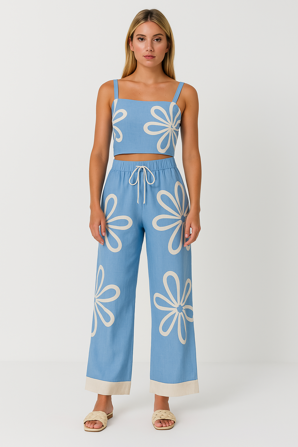 Women’s Pants Set – Wide-Leg Relaxed Fit – Linen Blend – Floral Print – Cropped Camisole