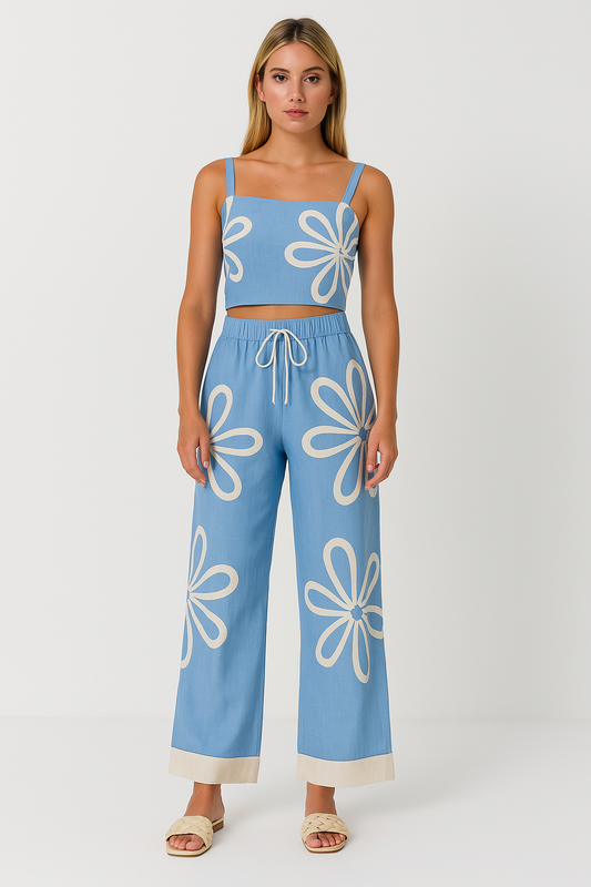 Women’s Pants Set – Wide-Leg Relaxed Fit – Linen Blend – Floral Print – Cropped Camisole