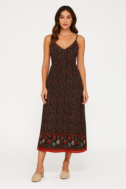 Women’s Maxi Dress – Boho Fit – Floral Print – V-Neck – Strappy – Breathable Cotton