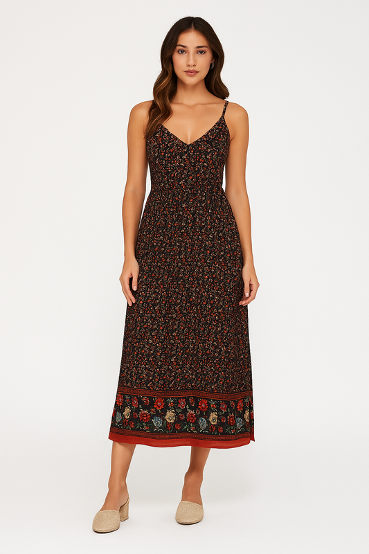 Women’s Maxi Dress – Boho Fit – Floral Print – V-Neck – Strappy – Breathable Cotton