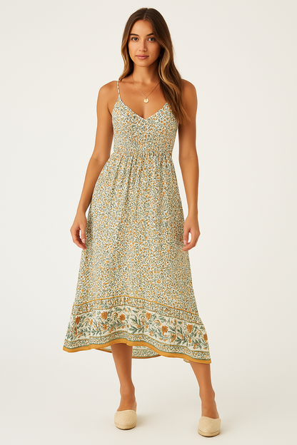 Women’s Maxi Dress – Boho Fit – Floral Print – V-Neck – Strappy – Breathable Cotton