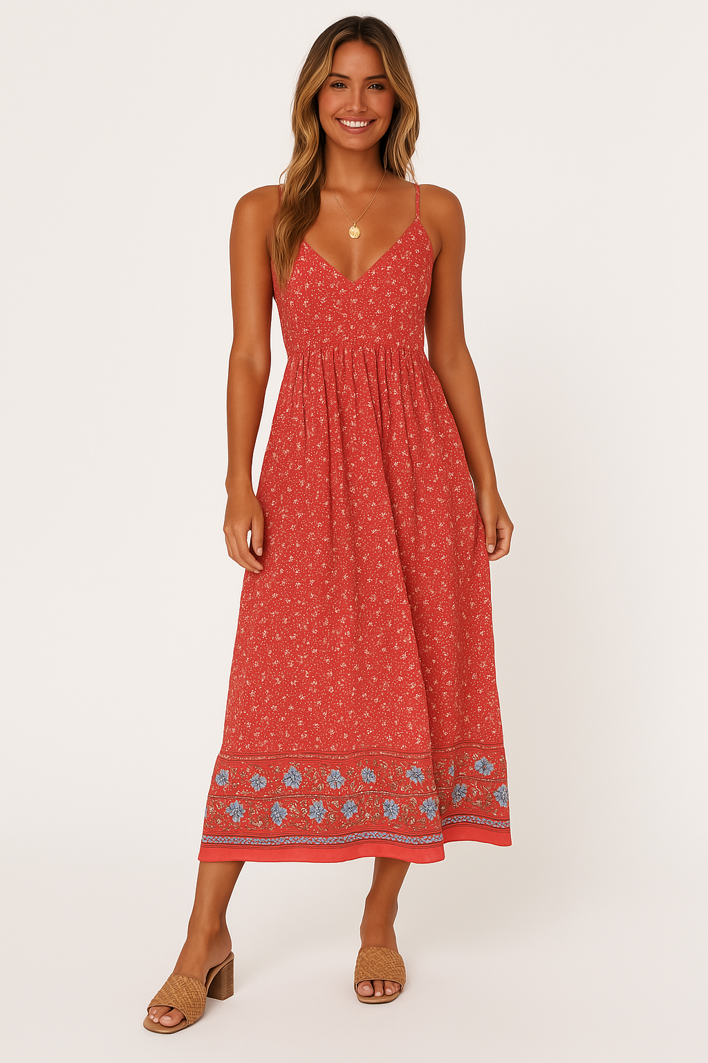 Women’s Maxi Dress – Boho Fit – Floral Print – V-Neck – Strappy – Breathable Cotton