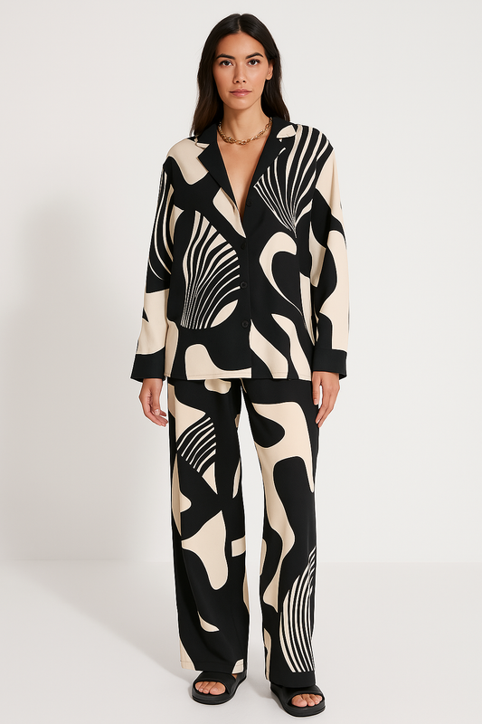 Women’s Matching Set – Relaxed Fit – Button-Up Top – Wide-Leg High-Waist Pants