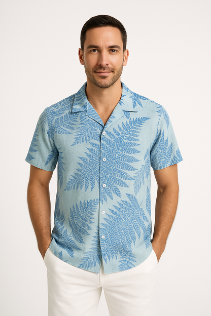 Men’s Short Sleeve Shirt – Relaxed Fit – Leaf Print – Button Up – Lightweight Breathable