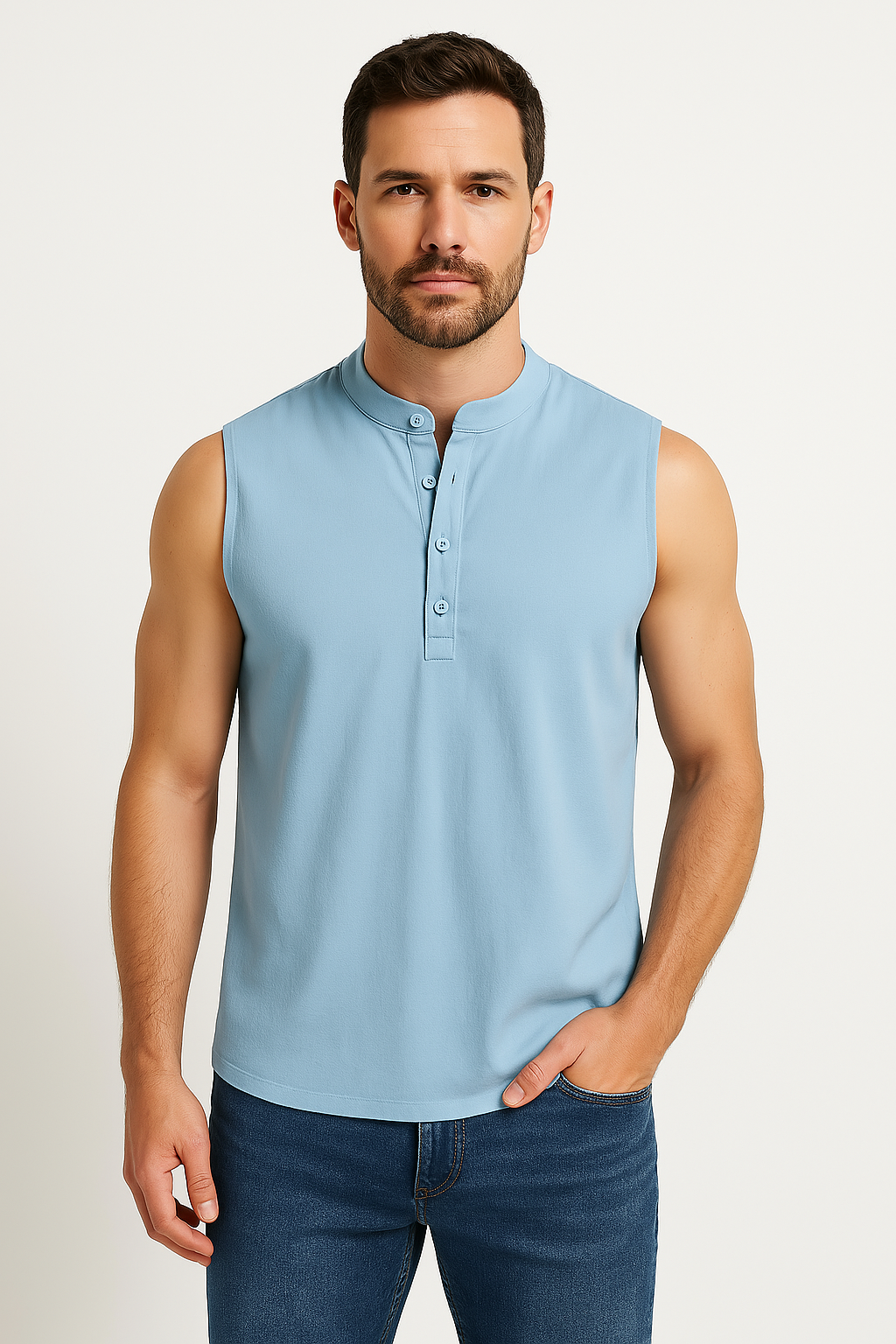 Men’s Sleeveless Vest – Cotton Blend – Mandarin Collar – Casual Fit – Half Button