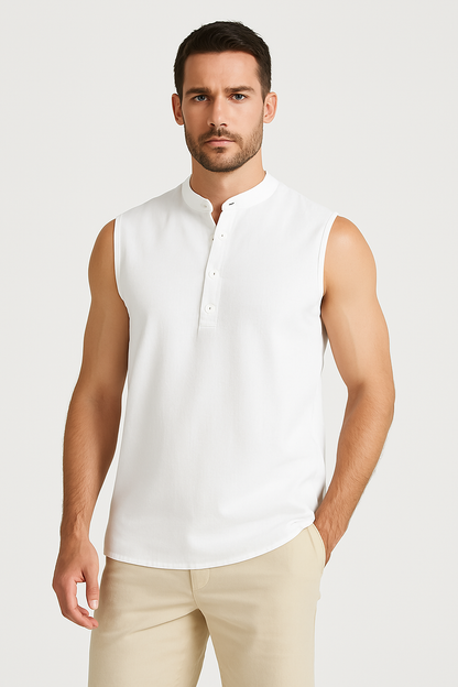 Men’s Sleeveless Vest – Cotton Blend – Mandarin Collar – Casual Fit – Half Button
