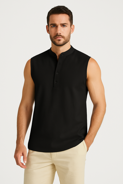 Men’s Sleeveless Vest – Cotton Blend – Mandarin Collar – Casual Fit – Half Button