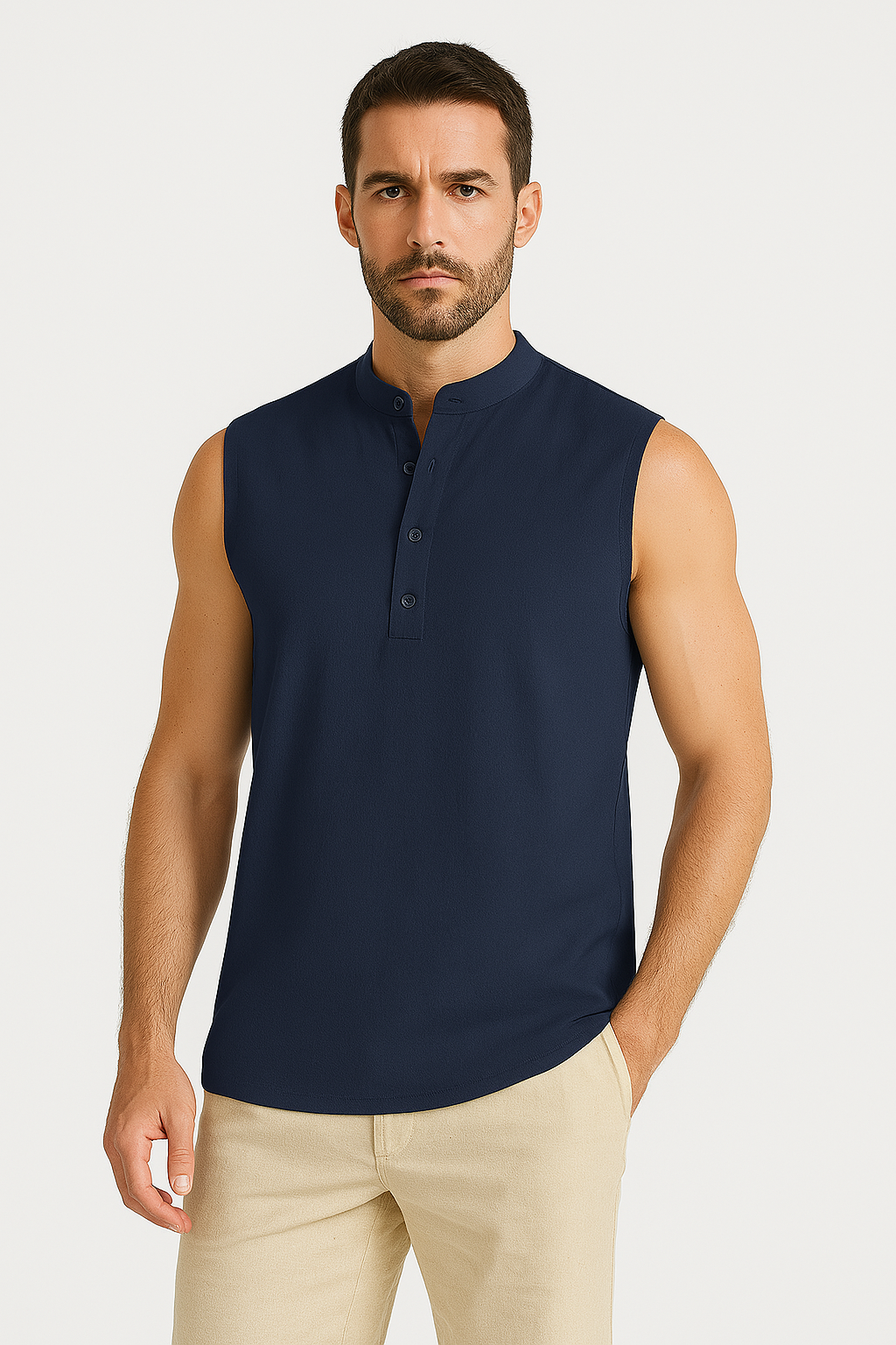 Men’s Sleeveless Vest – Cotton Blend – Mandarin Collar – Casual Fit – Half Button