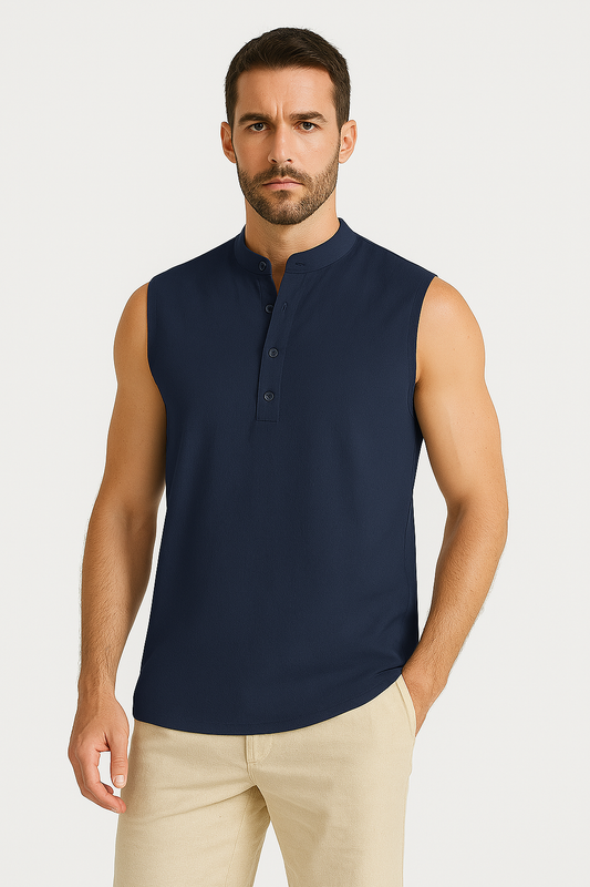 Men’s Sleeveless Vest – Cotton Blend – Mandarin Collar – Casual Fit – Half Button