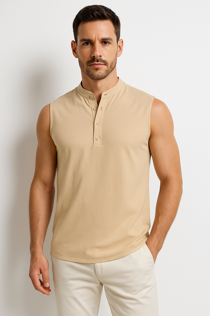 Men’s Sleeveless Vest – Cotton Blend – Mandarin Collar – Casual Fit – Half Button