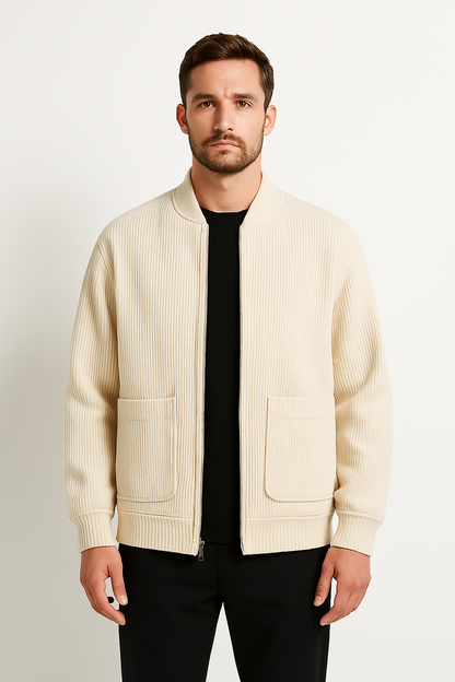 Men’s Jacket – Corduroy Relaxed Fit – V-Neck Zip Front – Ribbed Texture Casual Wear