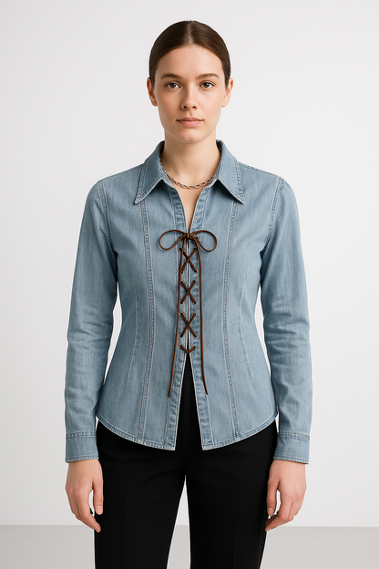 Women’s Denim Shirt Jacket – Tailored Fit – Lace-Up Front – Structured Long Sleeve