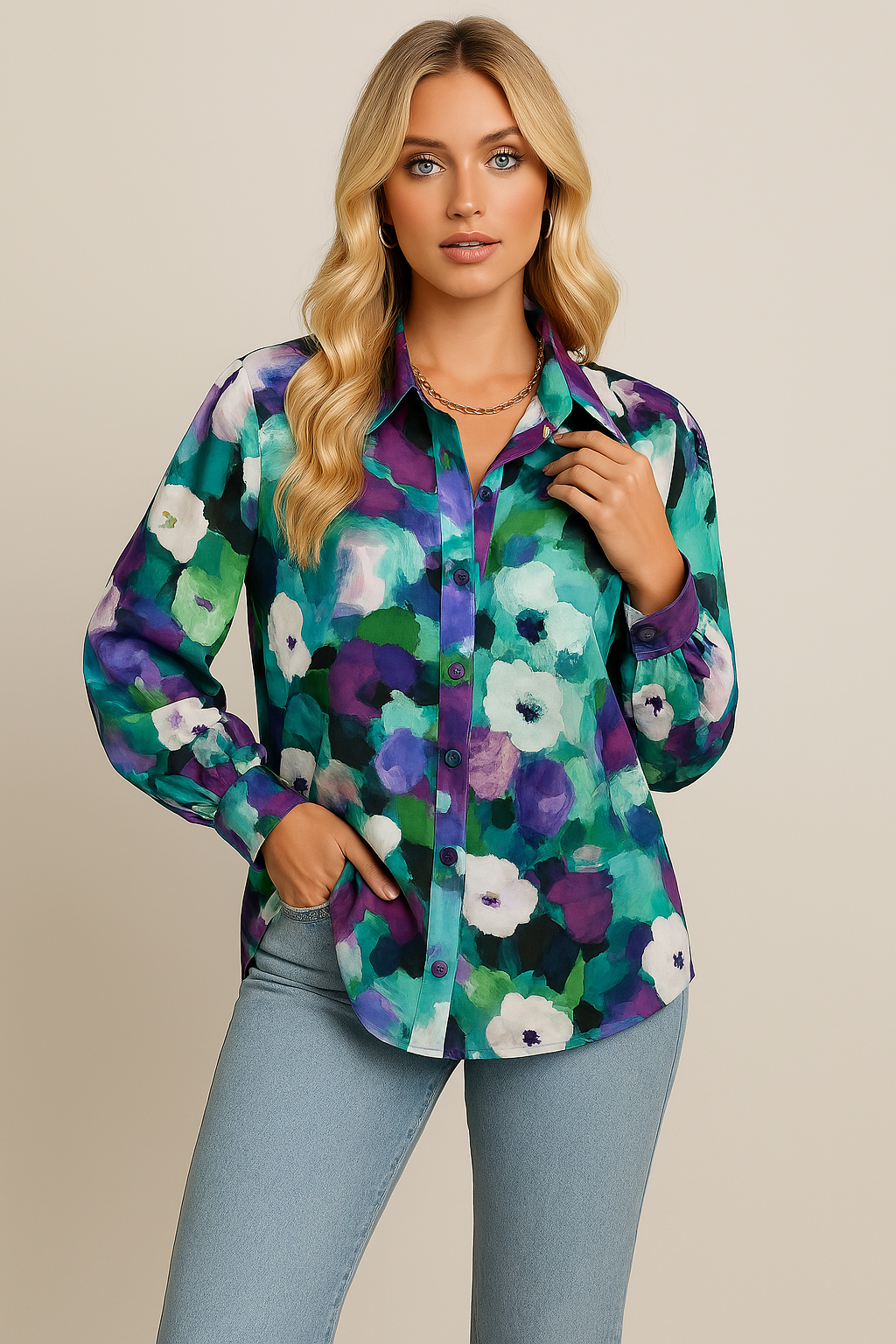 Women’s Button-Up Shirt – Relaxed Fit – Floral Print – Lightweight Cotton Casual Wear