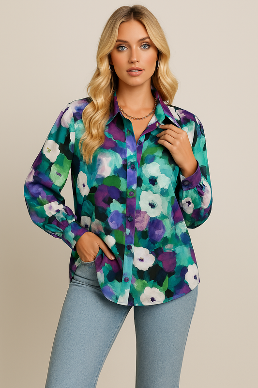 Women’s Button-Up Shirt – Relaxed Fit – Floral Print – Lightweight Cotton Casual Wear