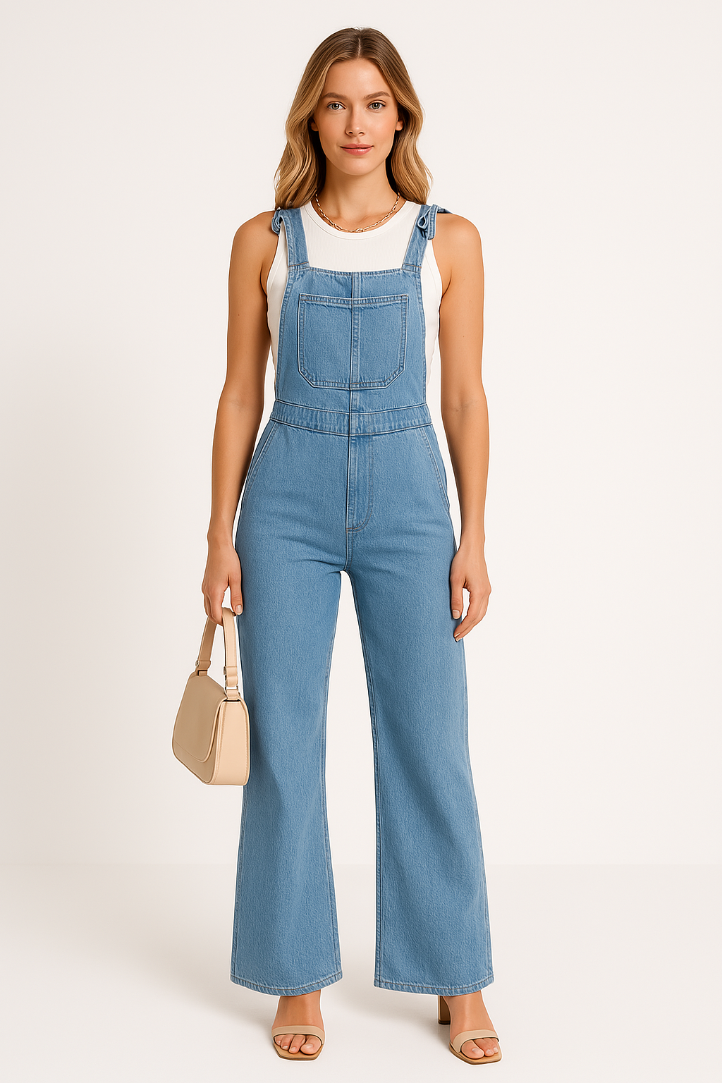 Women’s Denim Jumpsuit – Relaxed Fit – Wide Leg – Adjustable Straps – Full Length