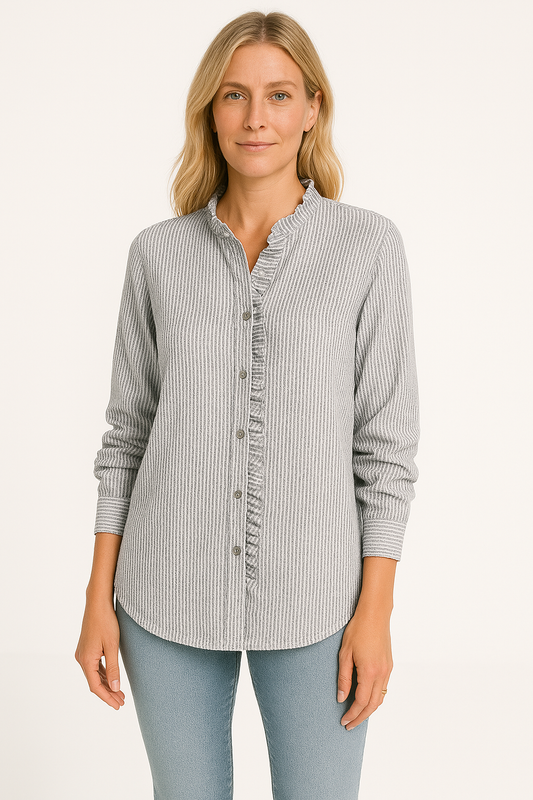 Women’s Blouse – Relaxed Fit – Textured Fabric – Long Sleeve – Button Front Ruffle Trim