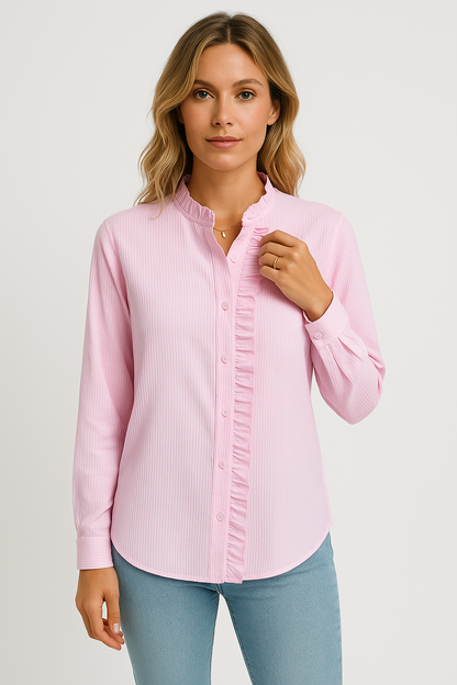 Women’s Blouse – Relaxed Fit – Textured Fabric – Long Sleeve – Button Front Ruffle Trim