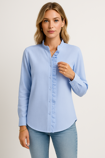 Women’s Blouse – Relaxed Fit – Textured Fabric – Long Sleeve – Button Front Ruffle Trim