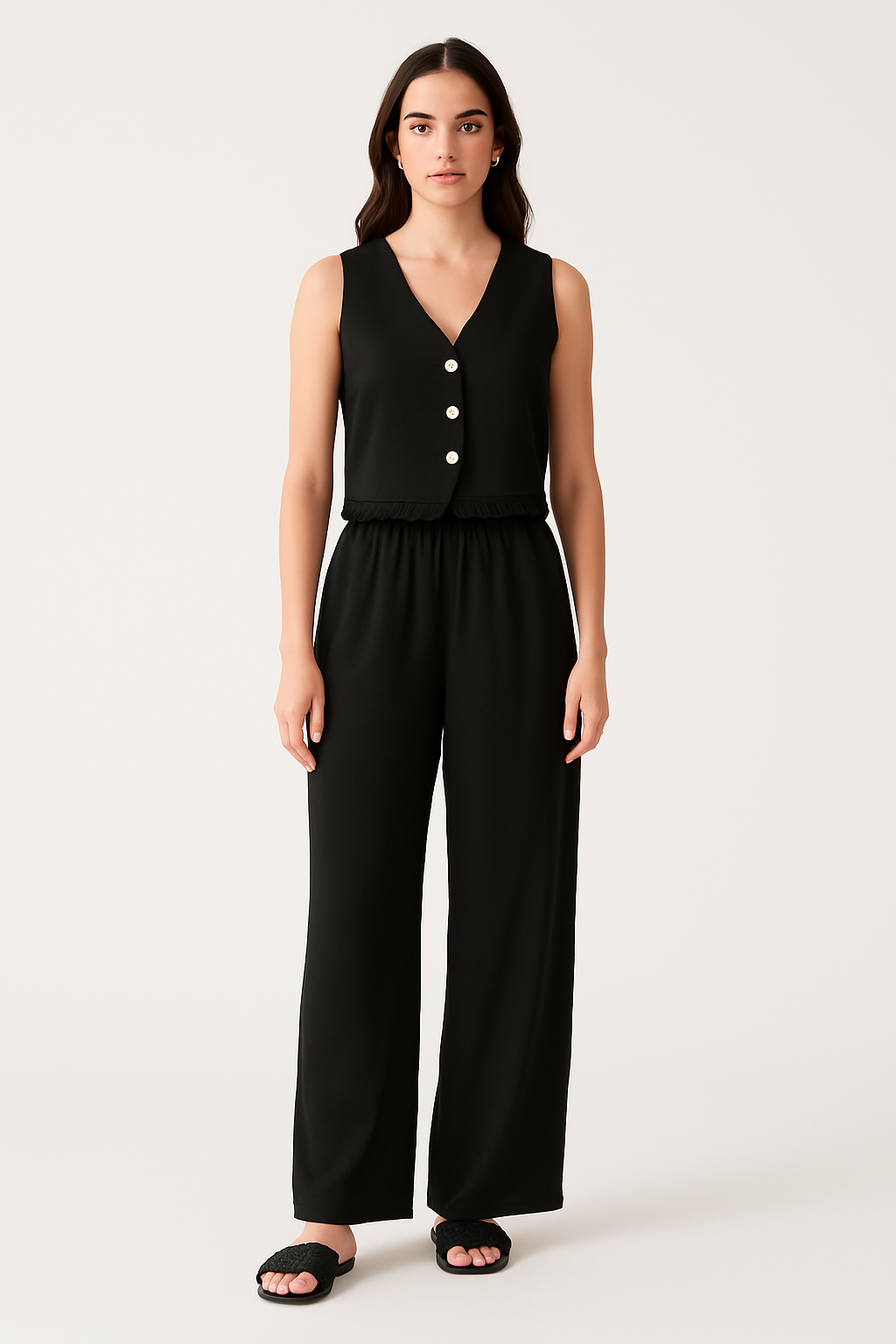 Women’s Vest and Wide-Leg Pants Set – Tailored Fit – Lace Trim – Breathable Blend