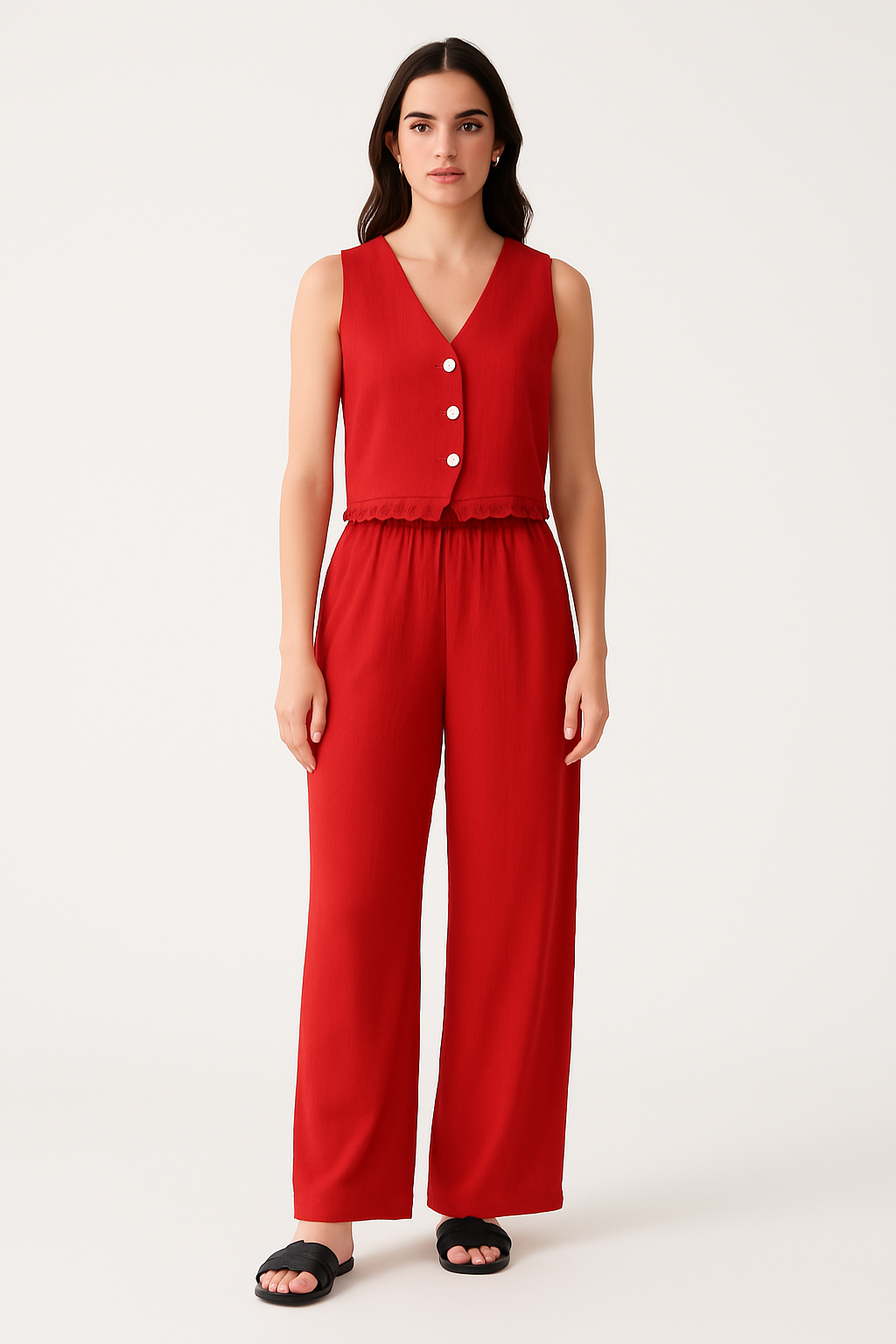 Women’s Vest and Wide-Leg Pants Set – Tailored Fit – Lace Trim – Breathable Blend