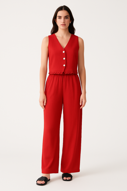 Women’s Vest and Wide-Leg Pants Set – Tailored Fit – Lace Trim – Breathable Blend