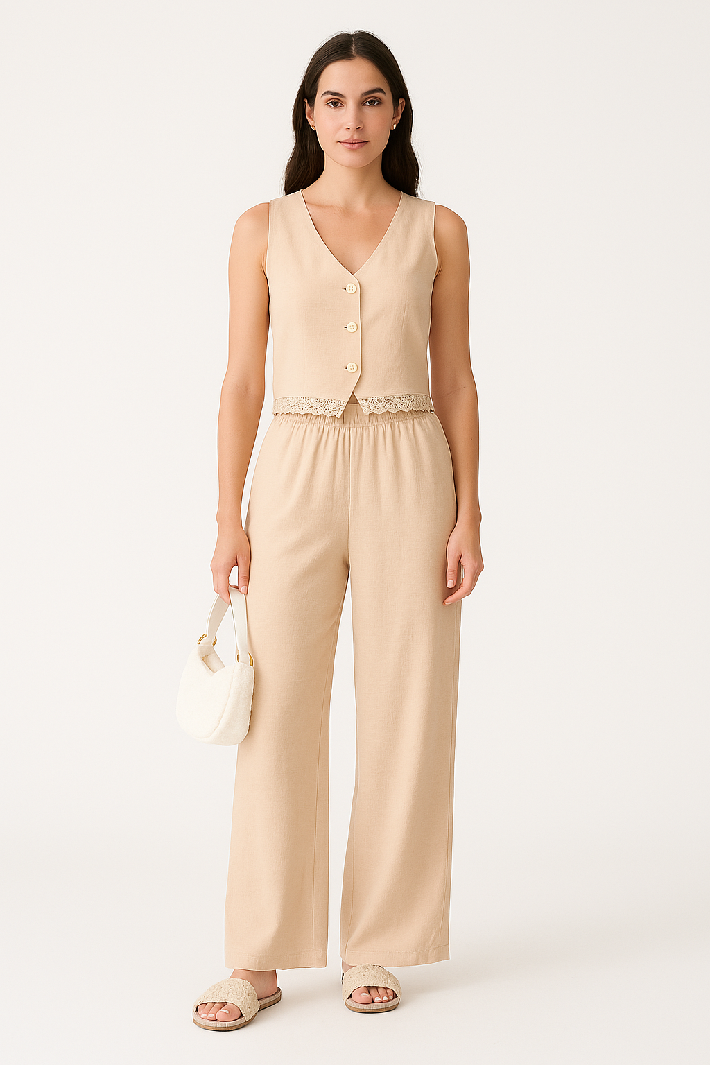 Women’s Vest and Wide-Leg Pants Set – Tailored Fit – Lace Trim – Breathable Blend
