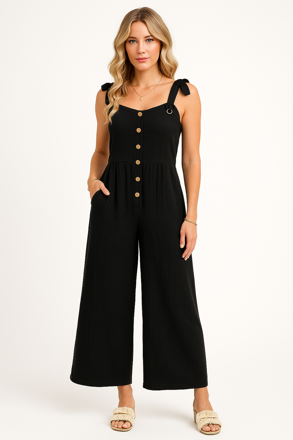 Women’s Jumpsuit – Lightweight Cotton Blend – Wide Leg – Button Front – Relaxed Fit