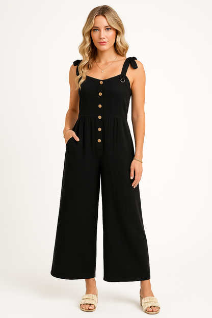 Women’s Jumpsuit – Lightweight Cotton Blend – Wide Leg – Button Front – Relaxed Fit