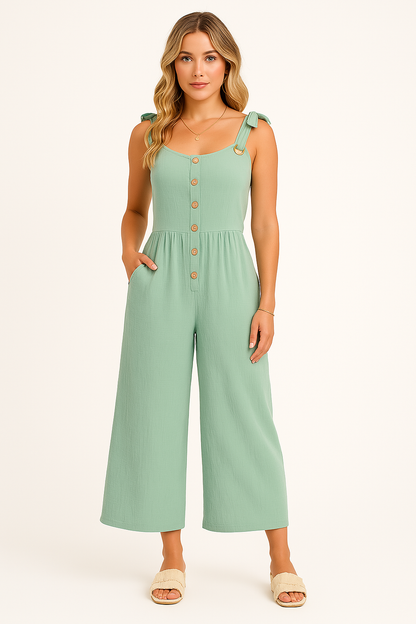 Women’s Jumpsuit – Lightweight Cotton Blend – Wide Leg – Button Front – Relaxed Fit