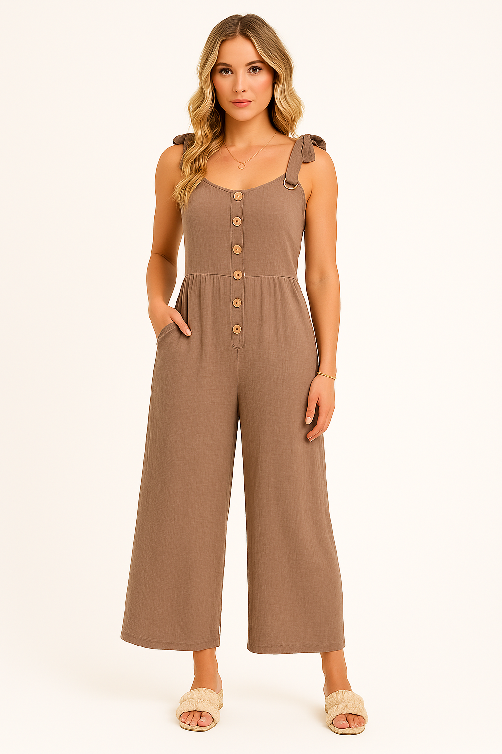 Women’s Jumpsuit – Lightweight Cotton Blend – Wide Leg – Button Front – Relaxed Fit