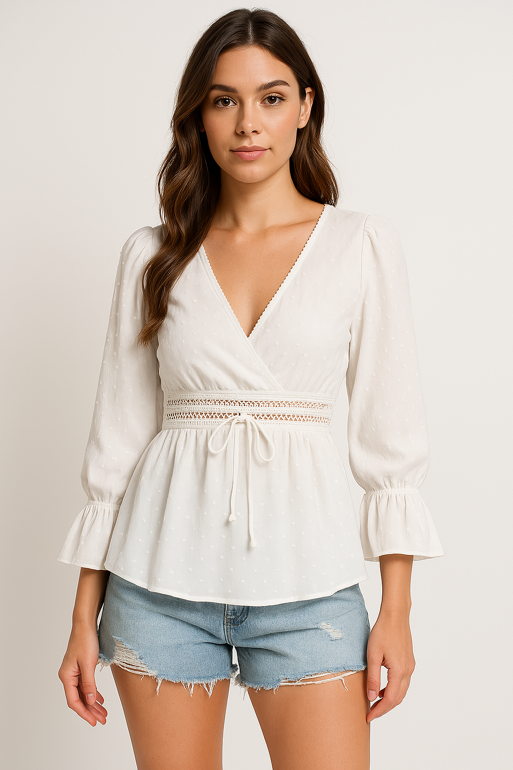 Women’s V-Neck Top – Relaxed Fit – Tie Waist – Puff Bell Sleeves – Lace Trim – Lightweight