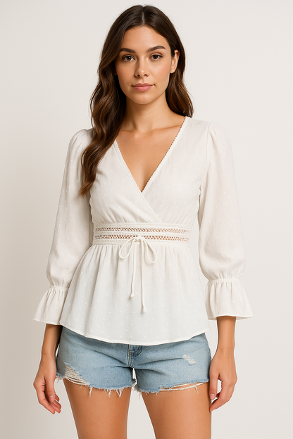 Women’s V-Neck Top – Relaxed Fit – Tie Waist – Puff Bell Sleeves – Lace Trim – Lightweight