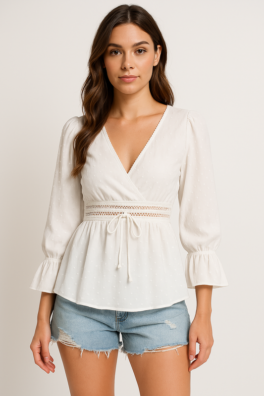 Women’s V-Neck Top – Relaxed Fit – Tie Waist – Puff Bell Sleeves – Lace Trim – Lightweight