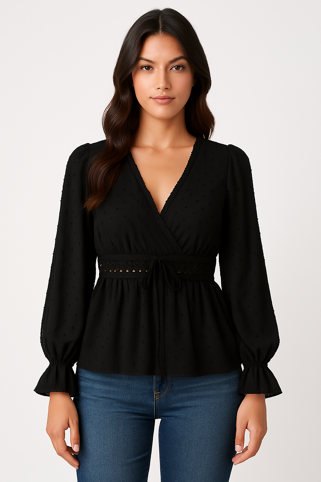 Women’s V-Neck Top – Relaxed Fit – Tie Waist – Puff Bell Sleeves – Lace Trim – Lightweight