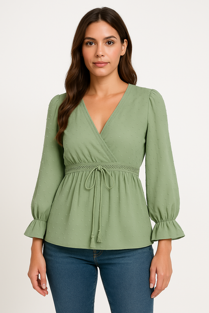 Women’s V-Neck Top – Relaxed Fit – Tie Waist – Puff Bell Sleeves – Lace Trim – Lightweight