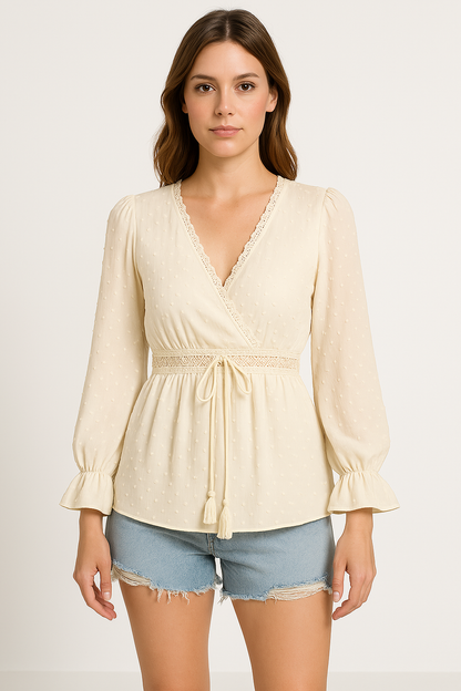 Women’s V-Neck Top – Relaxed Fit – Tie Waist – Puff Bell Sleeves – Lace Trim – Lightweight