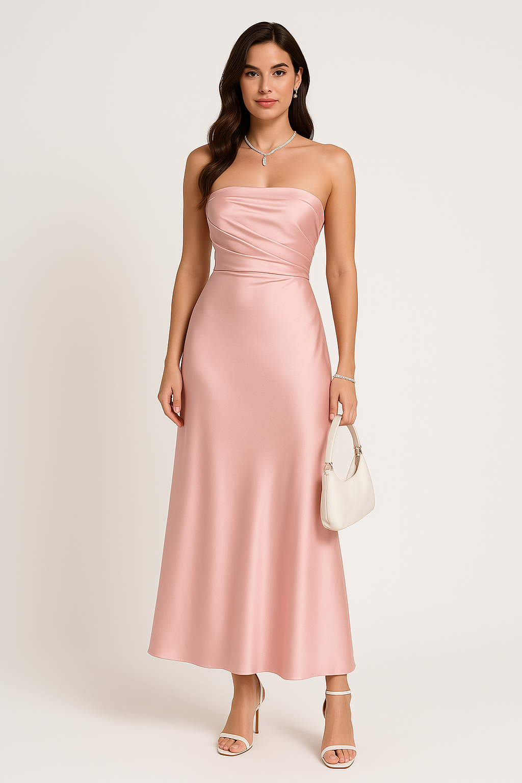 Women’s Evening Gown – Strapless Slim Fit – Full Length Satin-Like Formal Dress